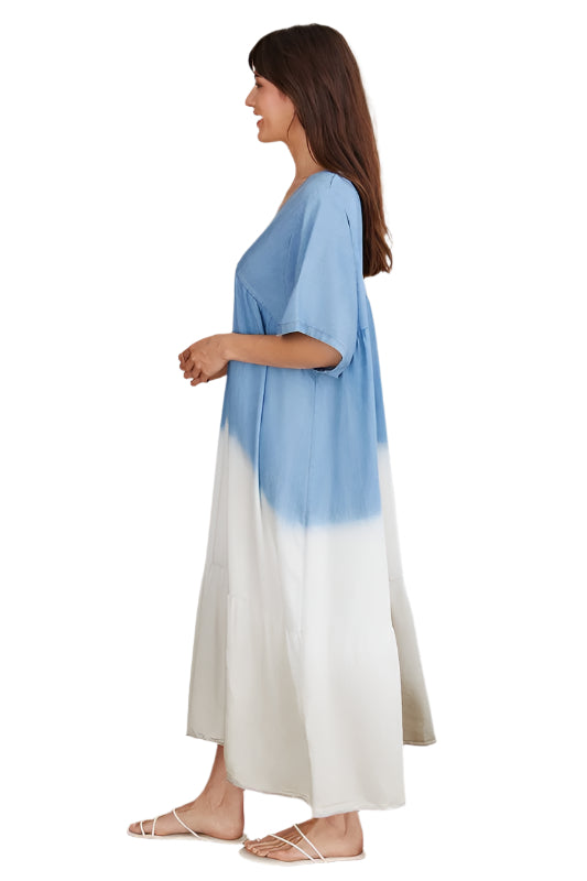 V-Neck Short Sleeve Ombre Maxi Long Dress