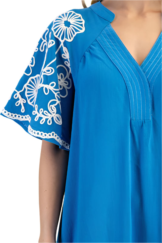Embroidered Sleeve V Neck Dress
