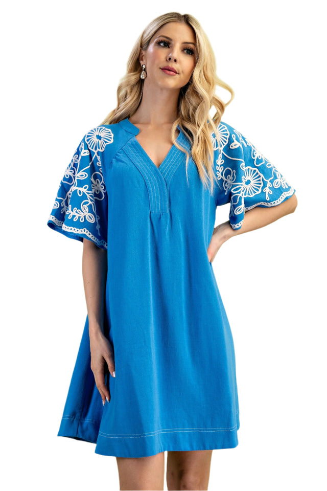 Embroidered Sleeve V Neck Dress