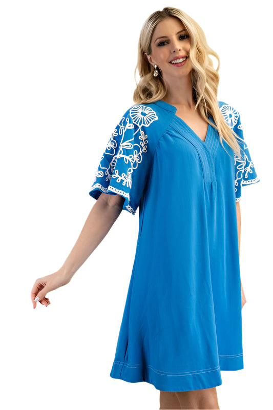 Embroidered Sleeve V Neck Dress