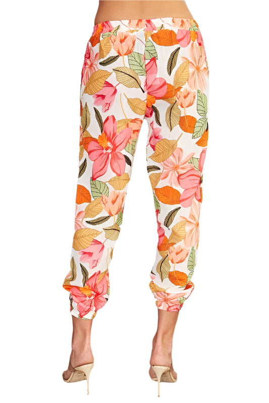 Leaf Print Elastic Cuff Hem Pants with Pockets