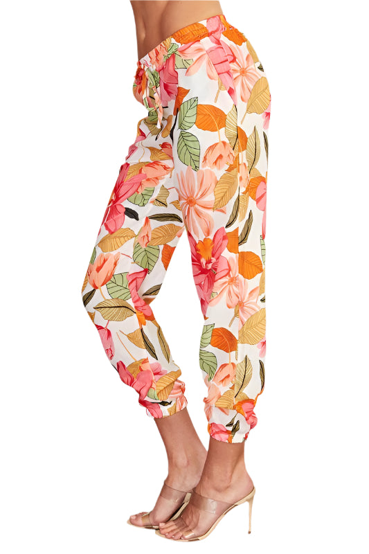 Leaf Print Elastic Cuff Hem Pants with Pockets