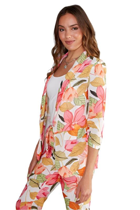 Leaf Print Ruched Sleeve Blazer
