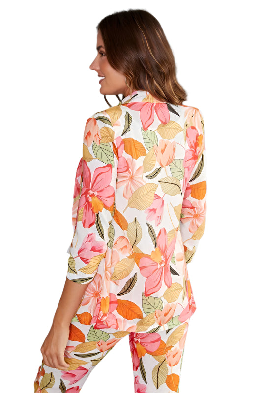 Leaf Print Ruched Sleeve Blazer