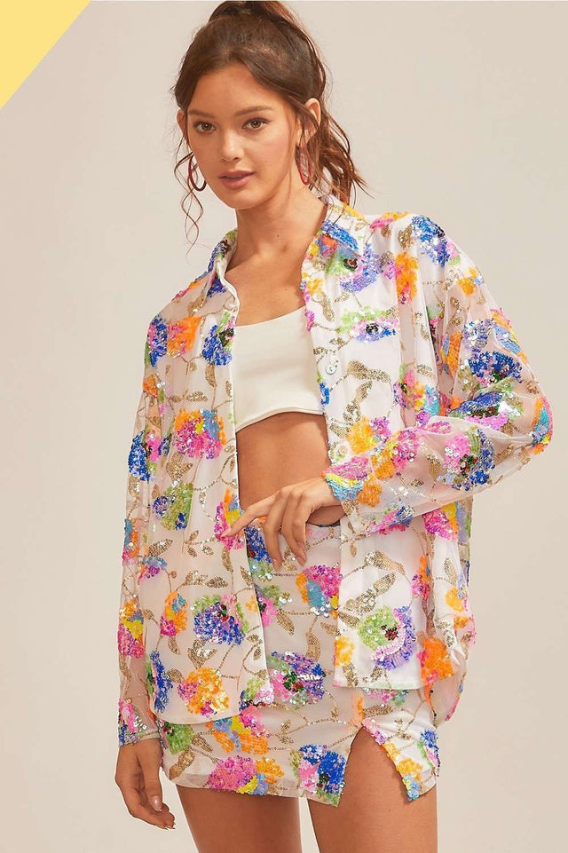 Multi Flower Sequin Oversize Shirt