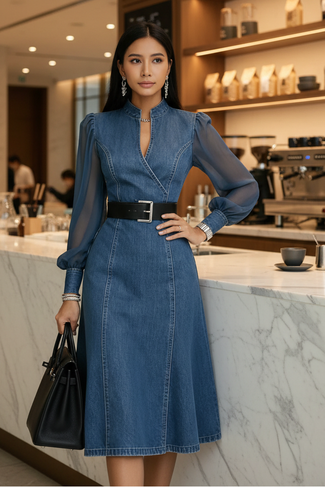 Sheer Sleeve Denim Dress