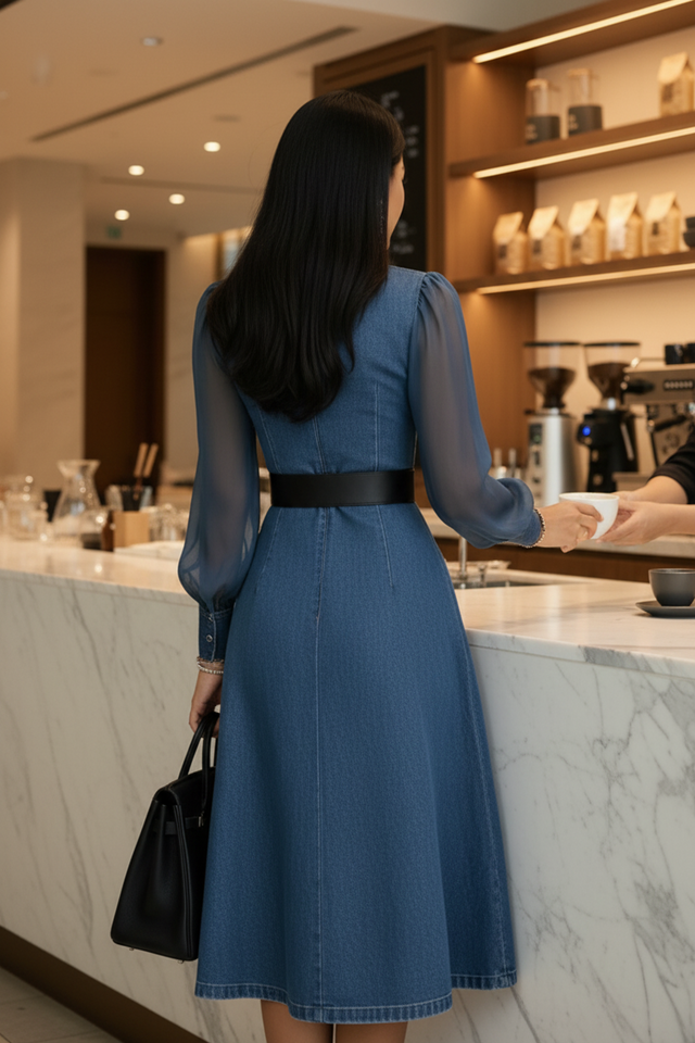 Sheer Sleeve Denim Dress