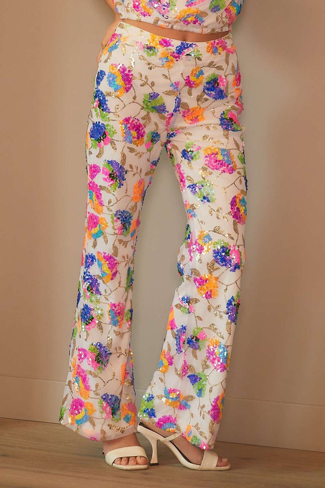 Sequin Flower Boots Cut Long Pants