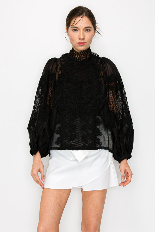 Long Puff Sleeve Mock Neck Back Tie Lace Blouse