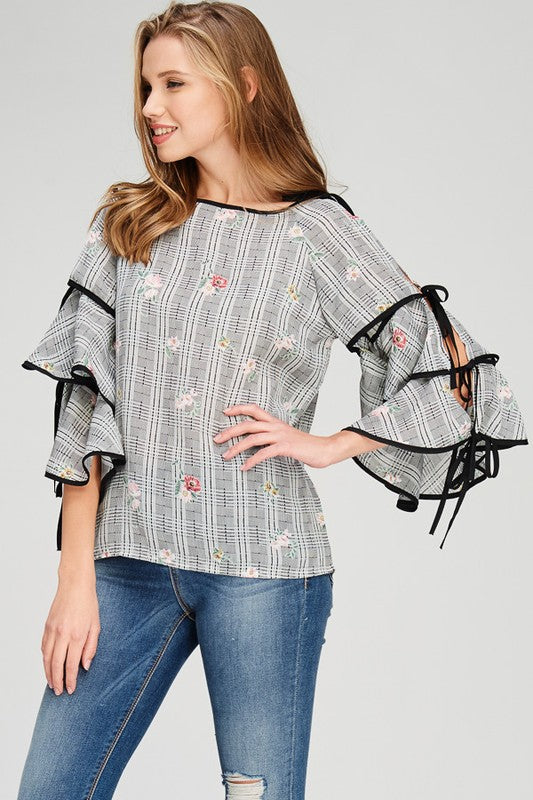 Floral Gingham Print Layered Sleeve Top