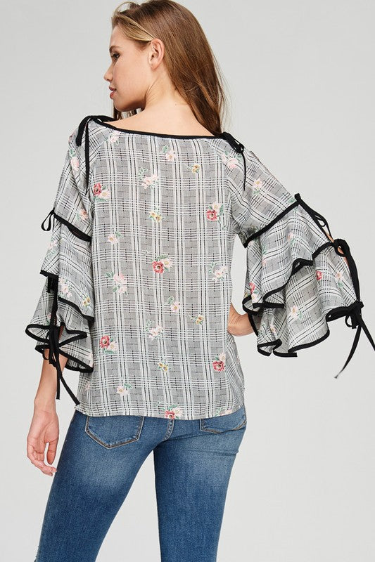Floral Gingham Print Layered Sleeve Top