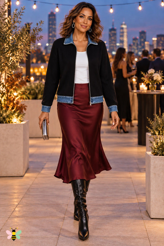 Autumn Avenue Denim-Trim Ribbed Jacket