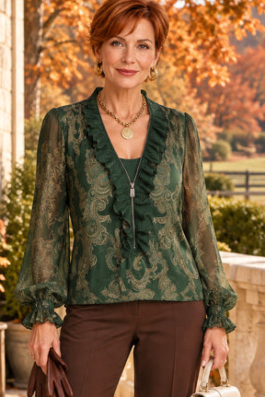 Autumn Muse Paisley Ruffle-Zip Blouse