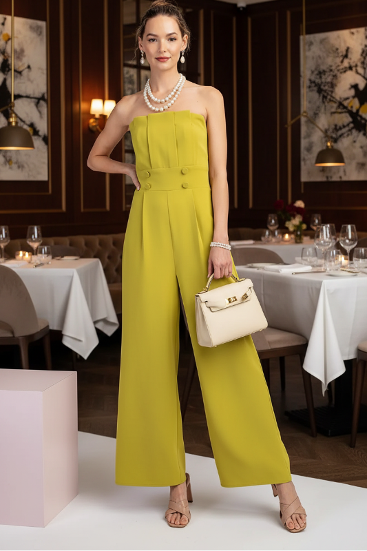 Solid Strapless Jumpsuit With Pleats And Buttons
