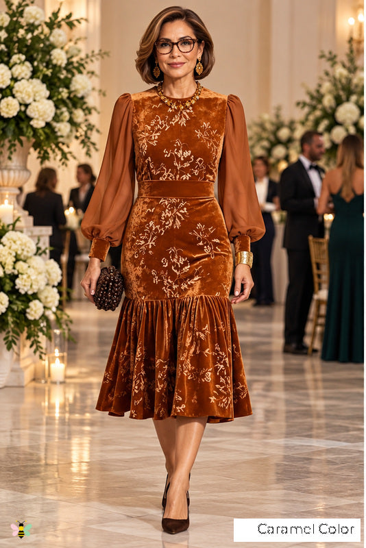 The Autumn Sonata Floral Velvet Midi Dress | Caramel Color | front