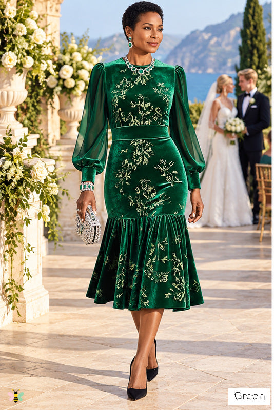 The Autumn Sonata Floral Velvet Midi Dress | Green | front