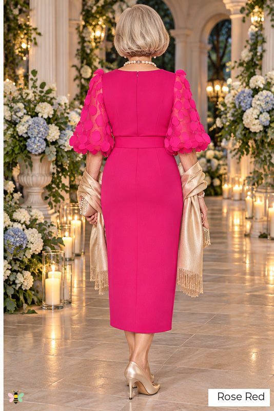 The Bellagio Portrait Appliqué Midi Dress | Rose Red | back