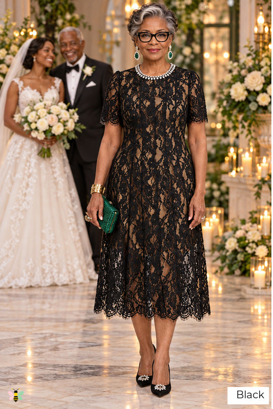 The Pearl Court Lace Midi Dress | Black | front