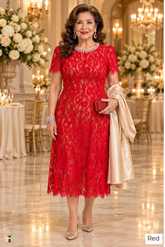 The Pearl Court Lace Midi Dress | Red | front