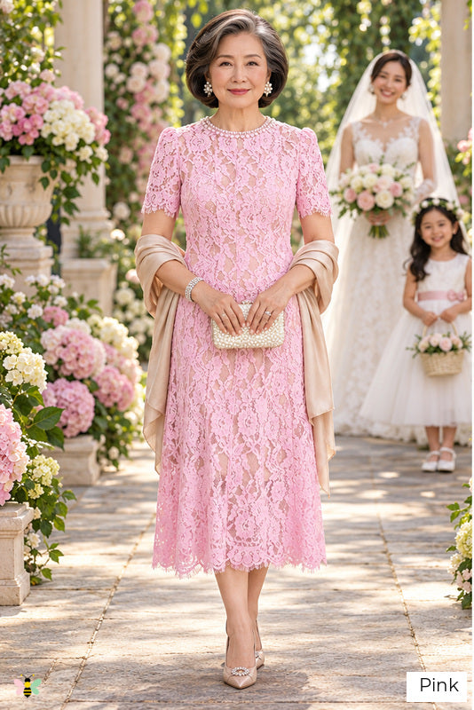The Pearl Court Lace Midi Dress | Pink | front