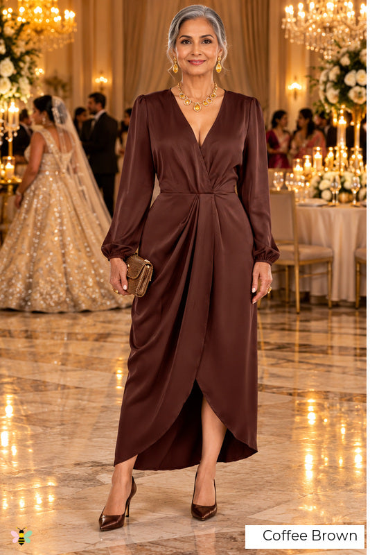 The Villa Serenade Draped Satin Dress | Coffee Brown | front