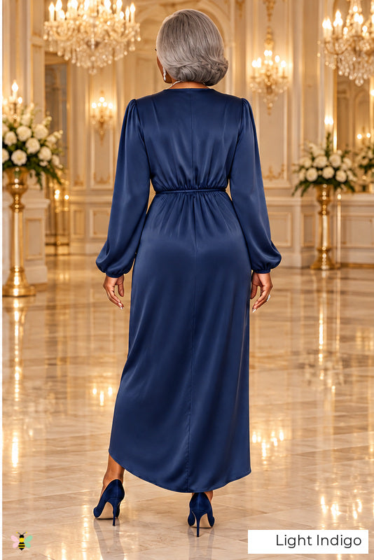 The Villa Serenade Draped Satin Dress | Light Indigo | back
