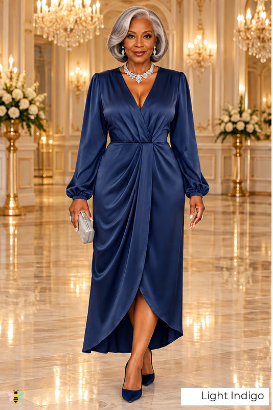 The Villa Serenade Draped Satin Dress | Light Indigo | front