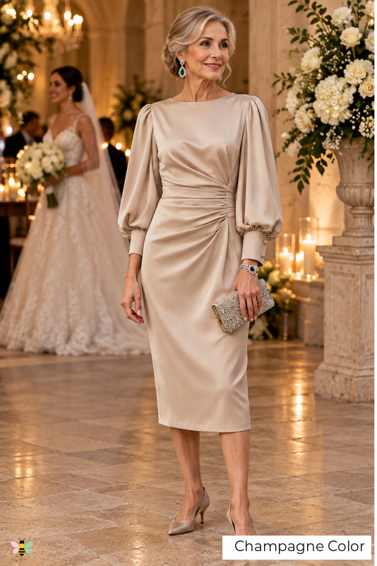 The Champagne Heirloom Satin Midi Dress | Champagne Color | front