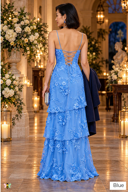 The Garden Reverie Floral Appliqué Gown | Blue | back