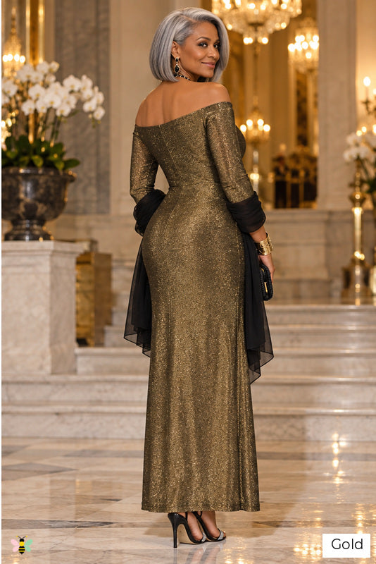 The Gilded Serenade Off-Shoulder Dress | Gold | back
