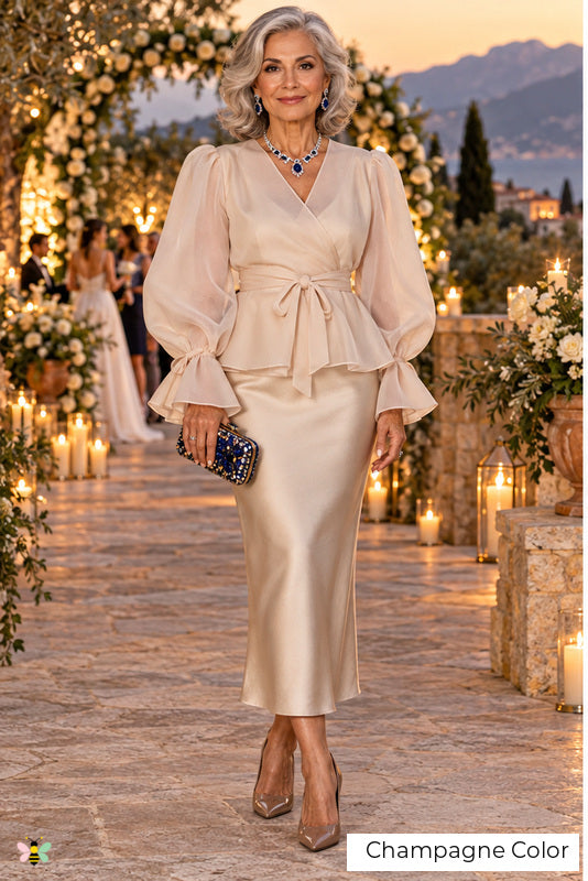 The Heirloom Harmony Satin Skirt Set | Champagne Color | front