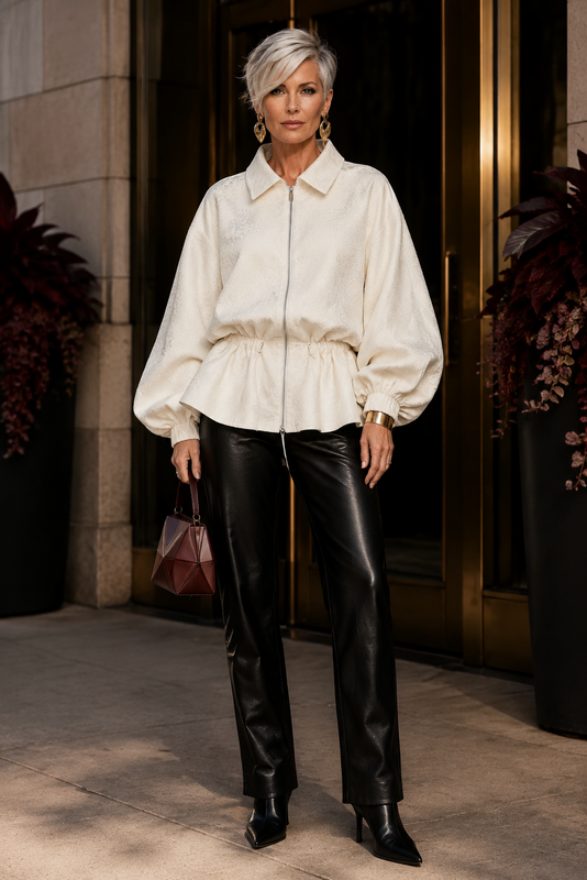 Ivory Floral Jacquard Zip-Front Jacket