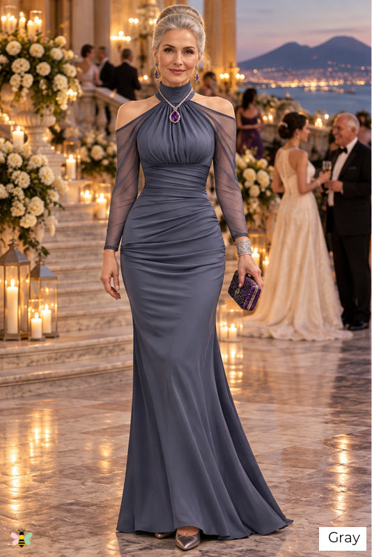 The Palazzo Nocturne Mesh-Sleeve Gown | Gray | front
