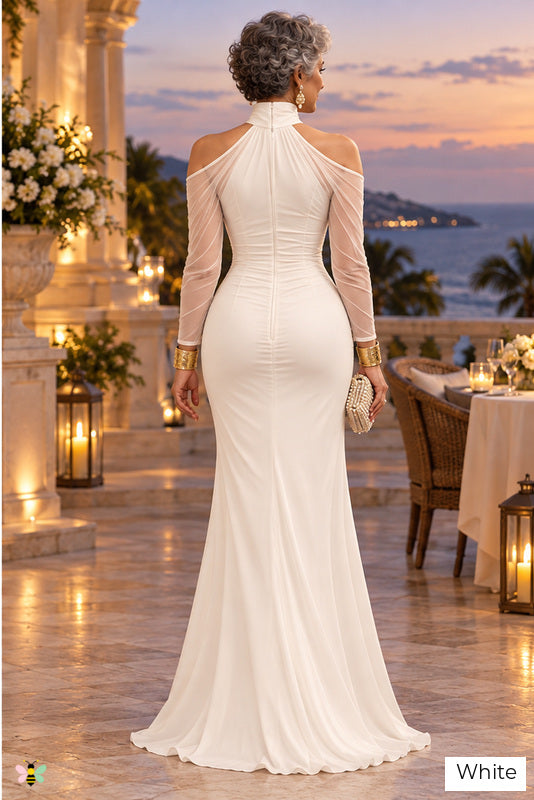 The Palazzo Nocturne Mesh-Sleeve Gown | White | back