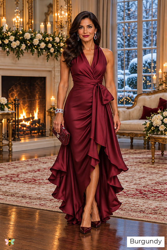 The Portofino Cascade Halter Gown | Burgundy | front