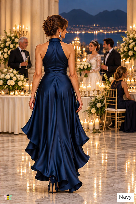The Portofino Cascade Halter Gown | Navy | back