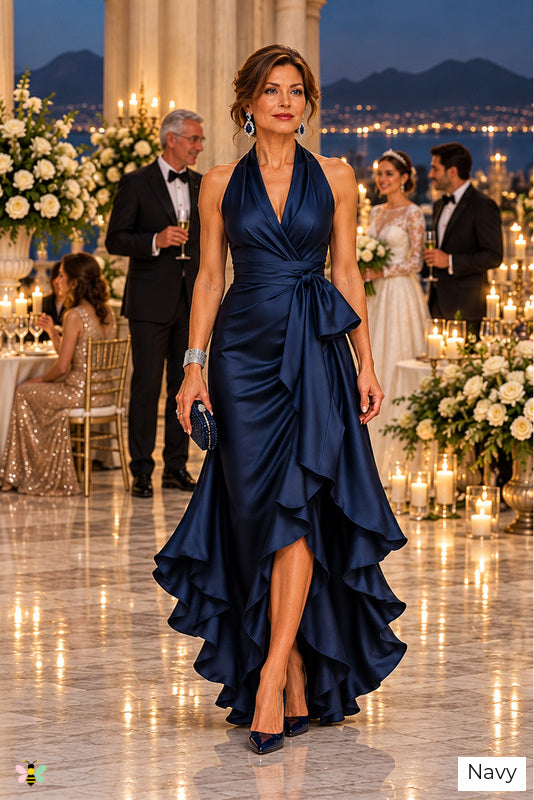 The Portofino Cascade Halter Gown | Navy | front