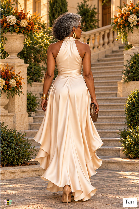 The Portofino Cascade Halter Gown | Tan | back