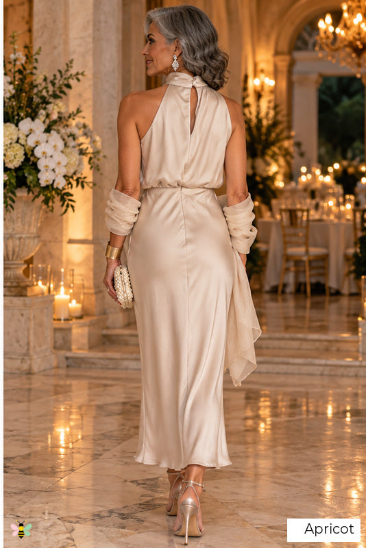 The Riviera Toast Halter Midi Dress | Apricot | back