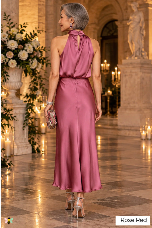 The Riviera Toast Halter Midi Dress | Rose Red | back