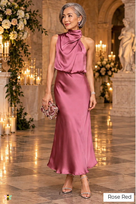 The Riviera Toast Halter Midi Dress | Rose Red | front