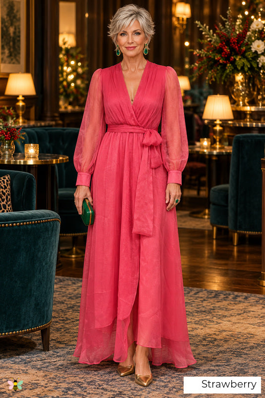 The Strawberry Soirée Chiffon Wrap Dress | Strawberry | front
