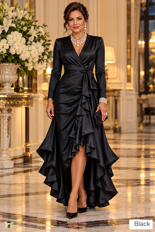 The Venetian Waltz Ruffled Wrap Dress | Black | front