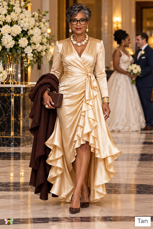 The Venetian Waltz Ruffled Wrap Dress | Tan | front