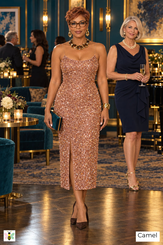 The Amber Invitation Strappy Midi Dress | Camel | front