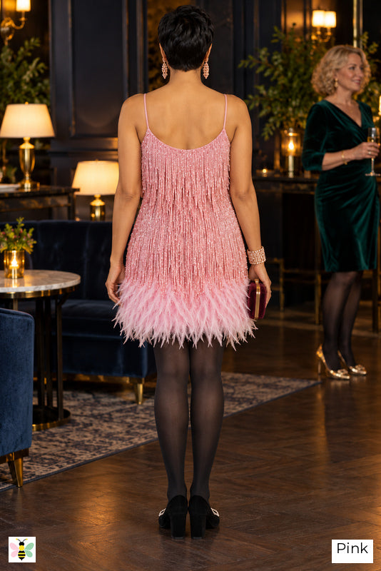 The Gilded Flutter Fringe Mini Dress | Pink | back