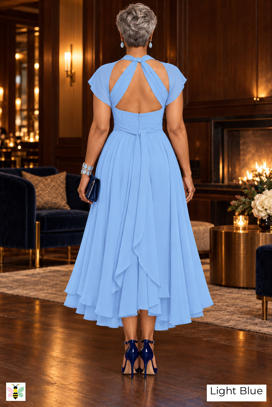 The Evening Current Ruched Midi Dress | Light Blue | back