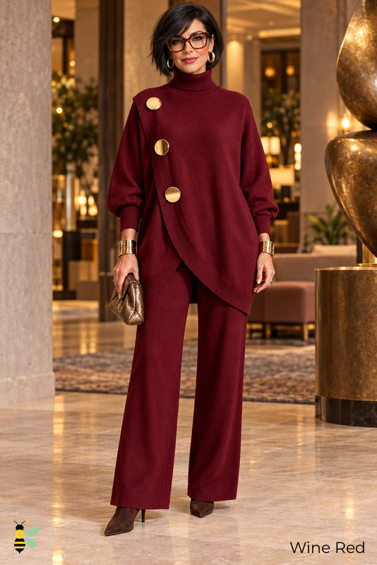 Golden Agenda Button-Accent Knit Set | 01_Wine_Red_front | Wine Red front | B Store glam