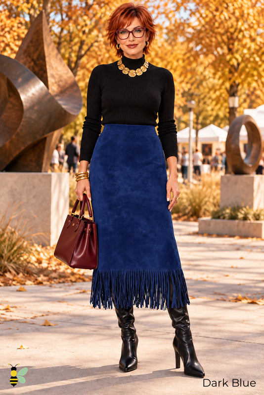 Fringe After Five Suede Midi Skirt | 03_Dark_Blue_front | Dark Blue front | B Store glam