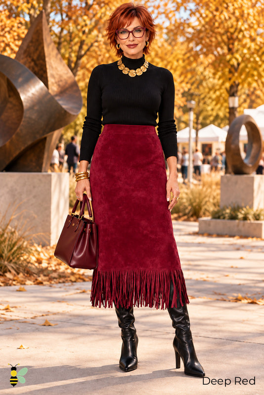 Fringe After Five Suede Midi Skirt | 03_Deep_Red_front | Deep Red front | B Store glam